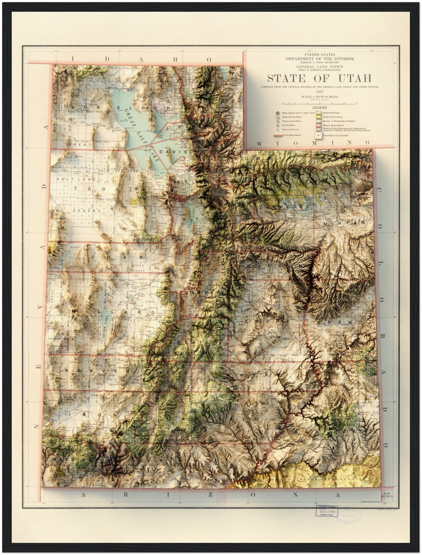 Utah Topography - Shaded Relief Map (1937)