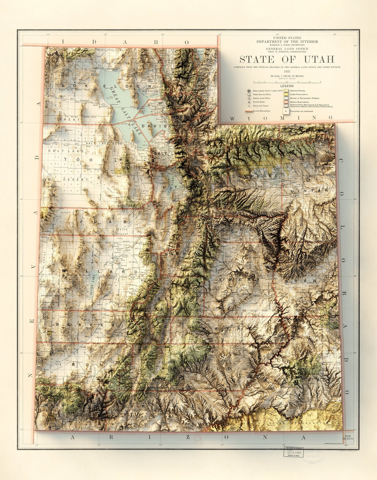 Utah Topography - Shaded Relief Map (1937)