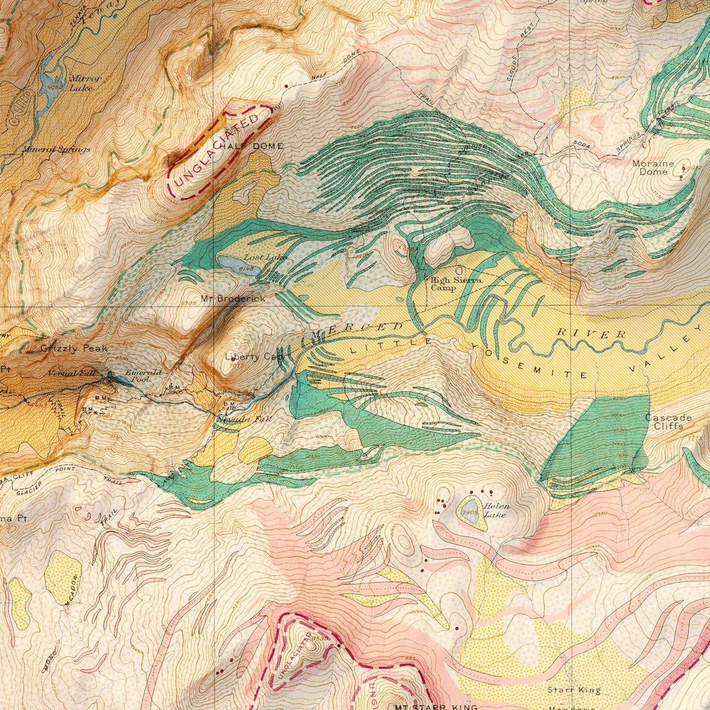 Yosemite Valley Glacial Map - Shaded Relief (1930)