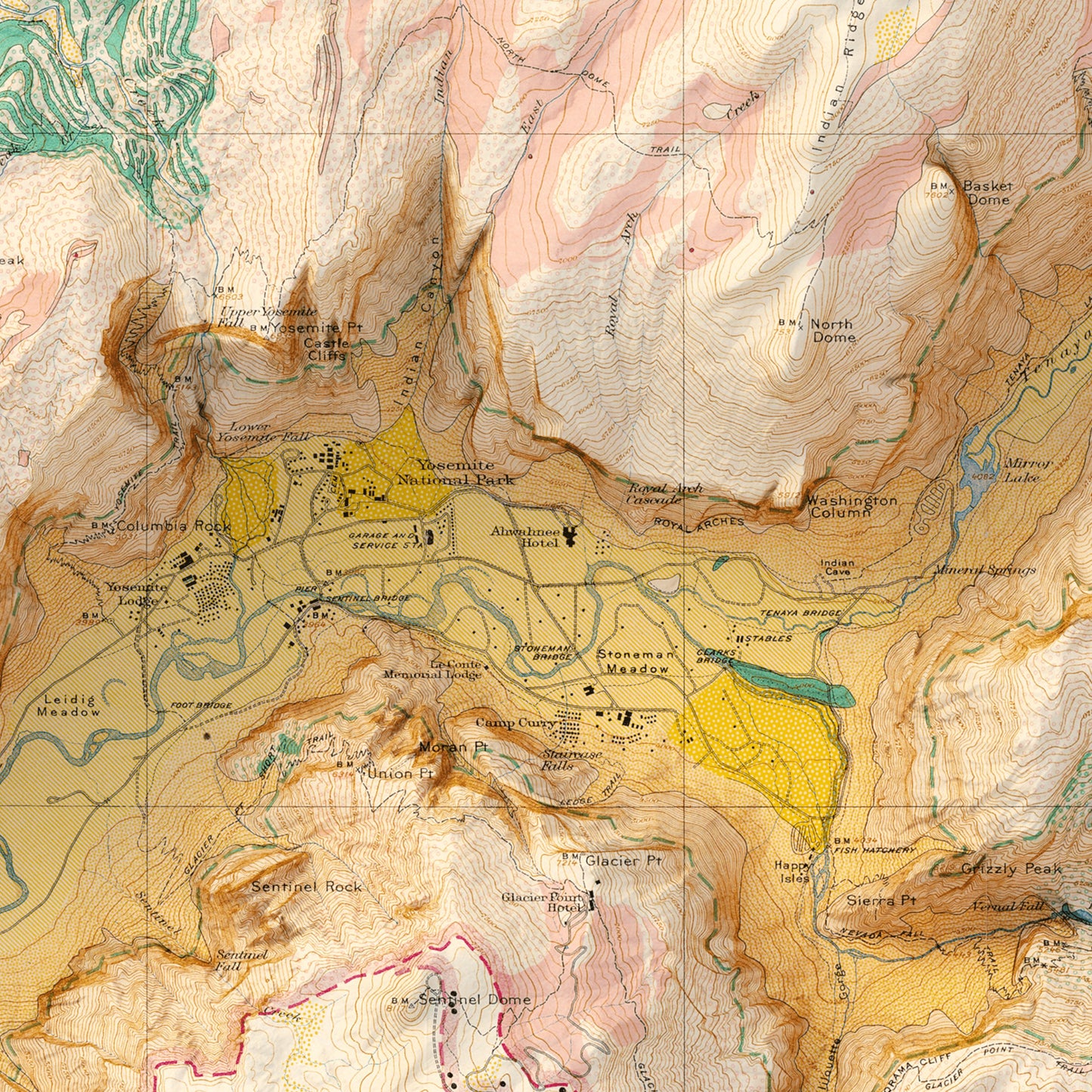 Yosemite Valley Glacial Map - Shaded Relief (1930)