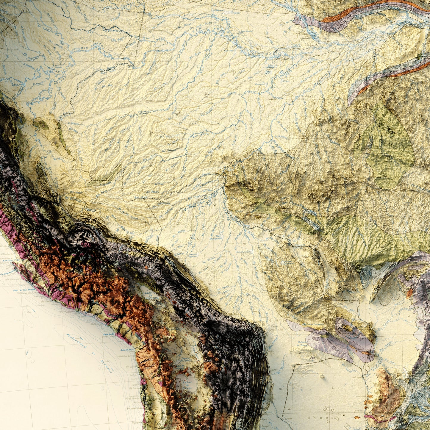 South America Geology - Shaded Relief Map (1950)