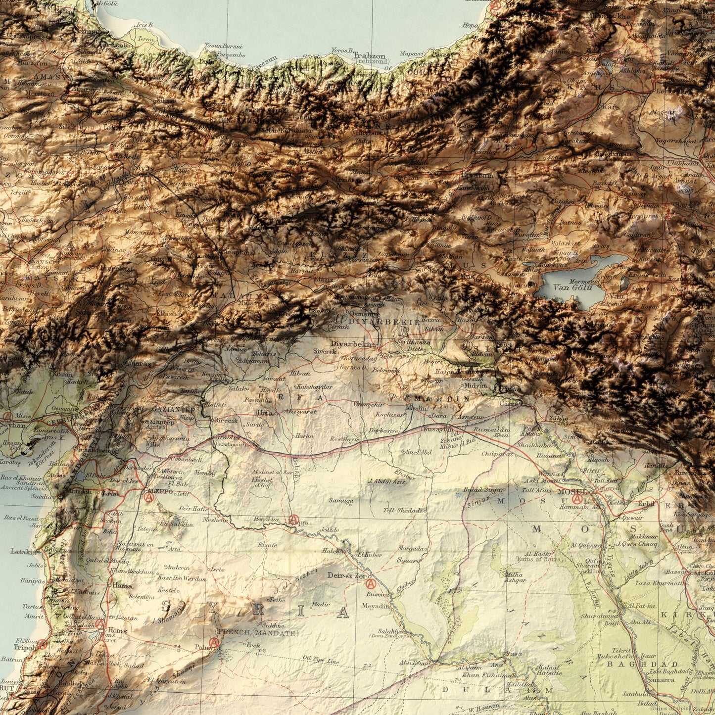 Middle East Topography - Shaded Relief Map (1962)