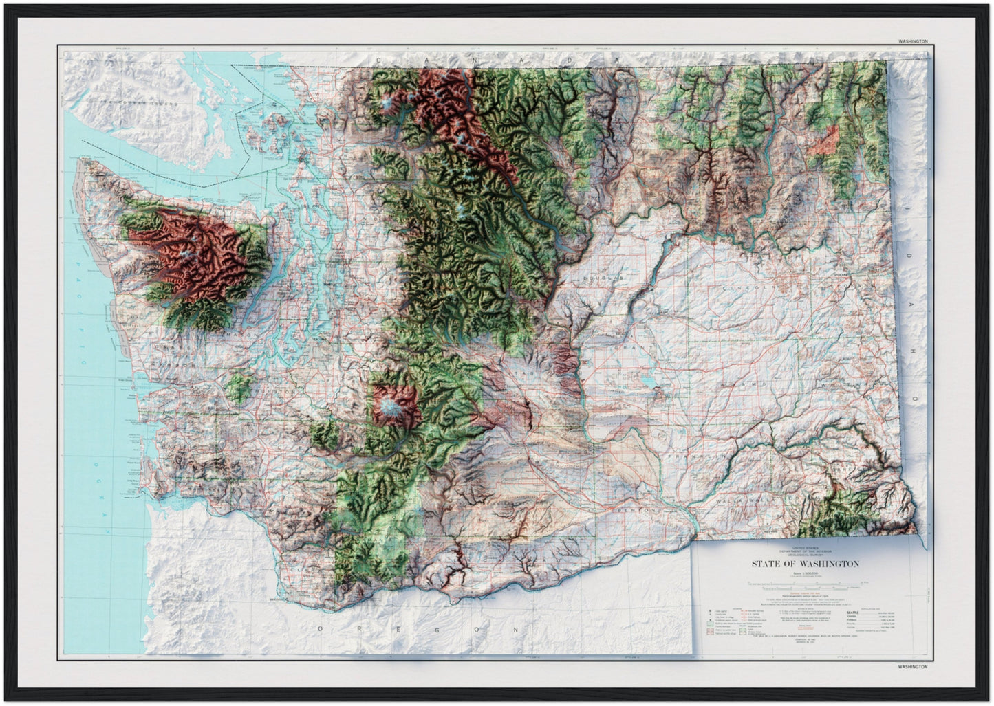 State of Washington Topography - Shaded Relief Map (1982)