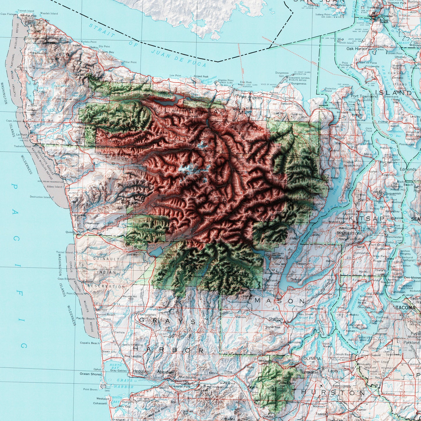 State of Washington Topography - Shaded Relief Map (1982)