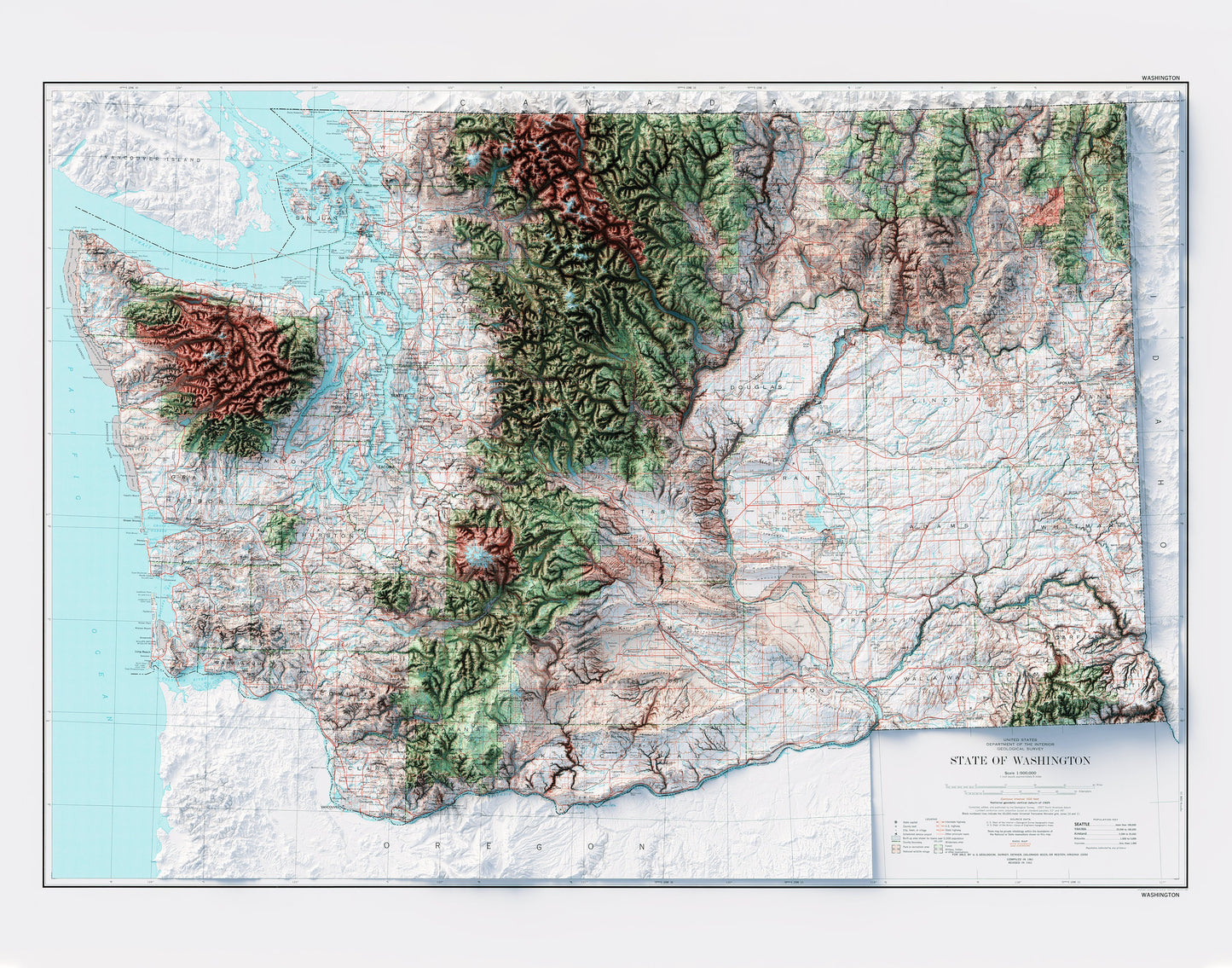 State of Washington Topography - Shaded Relief Map (1982)