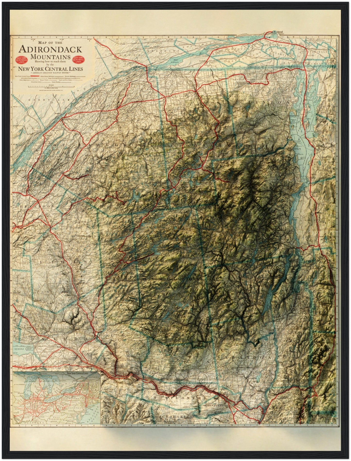 Adirondack Mountains - Shaded Relief Map (1917)