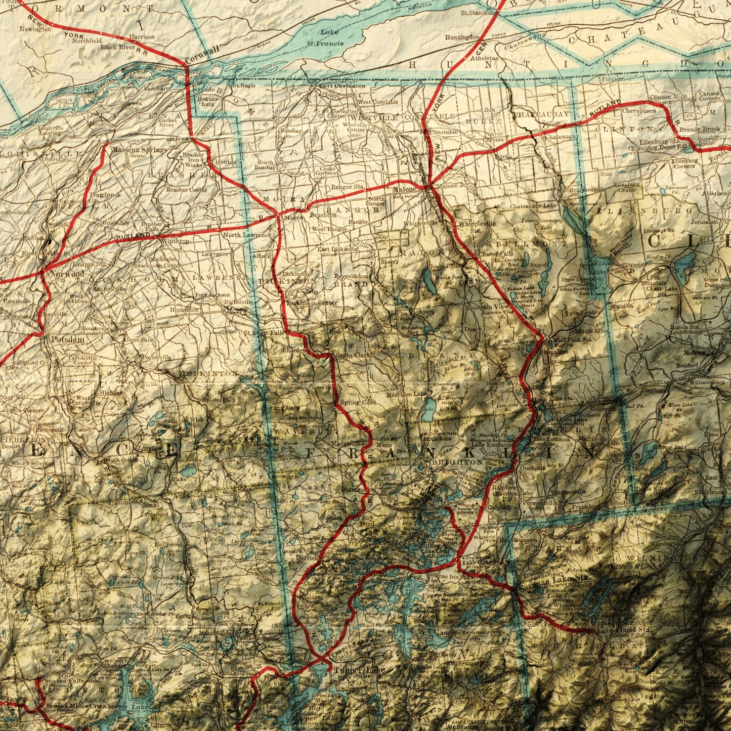 Adirondack Mountains - Shaded Relief Map (1917)