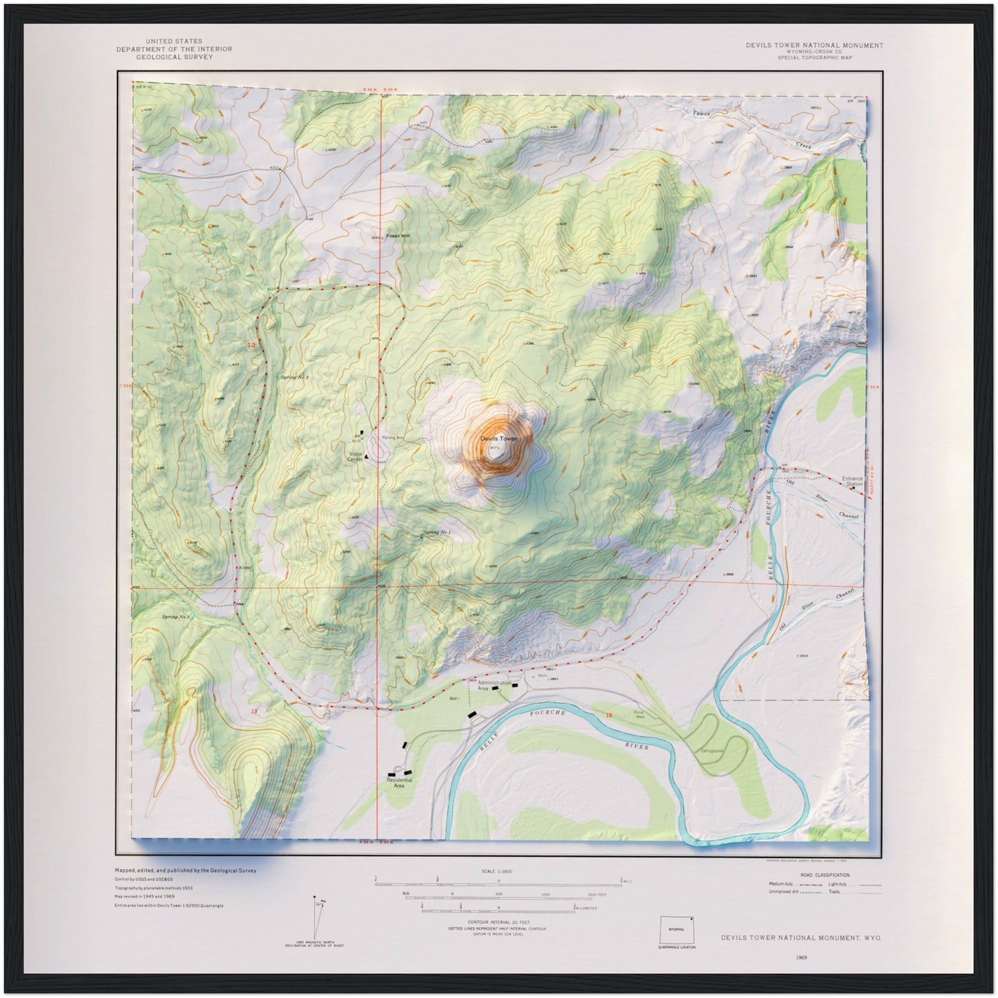 Devils Tower National Monument - Shaded Relief Map (1969)