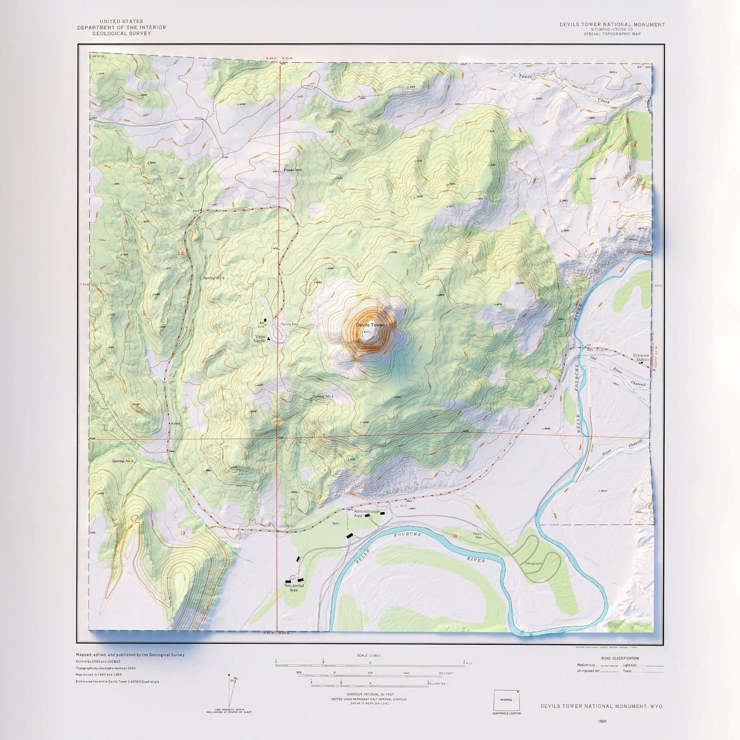 Devils Tower National Monument - Shaded Relief Map (1969)