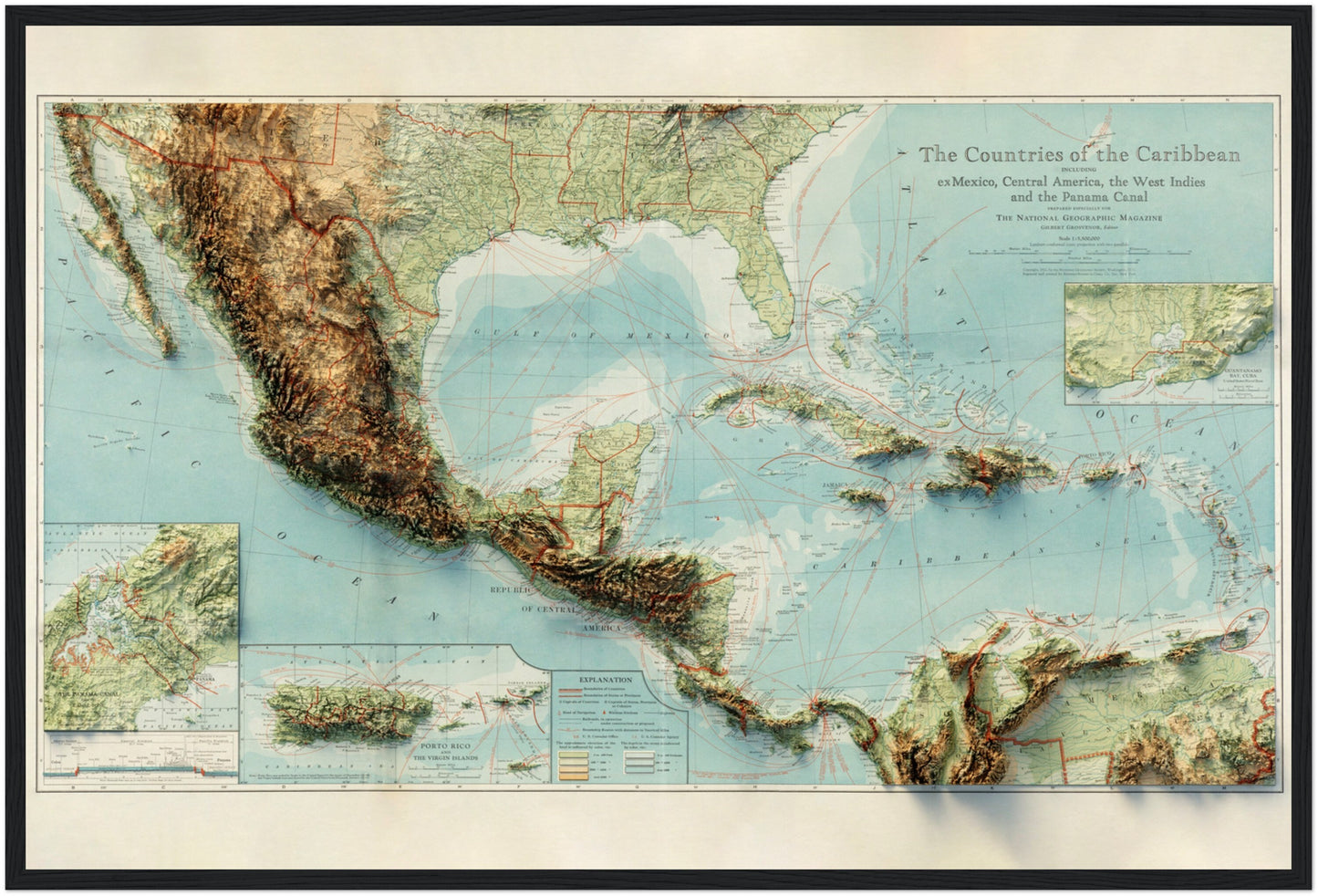 Caribbean & Central America Topography - Shaded Relief Map (1922)