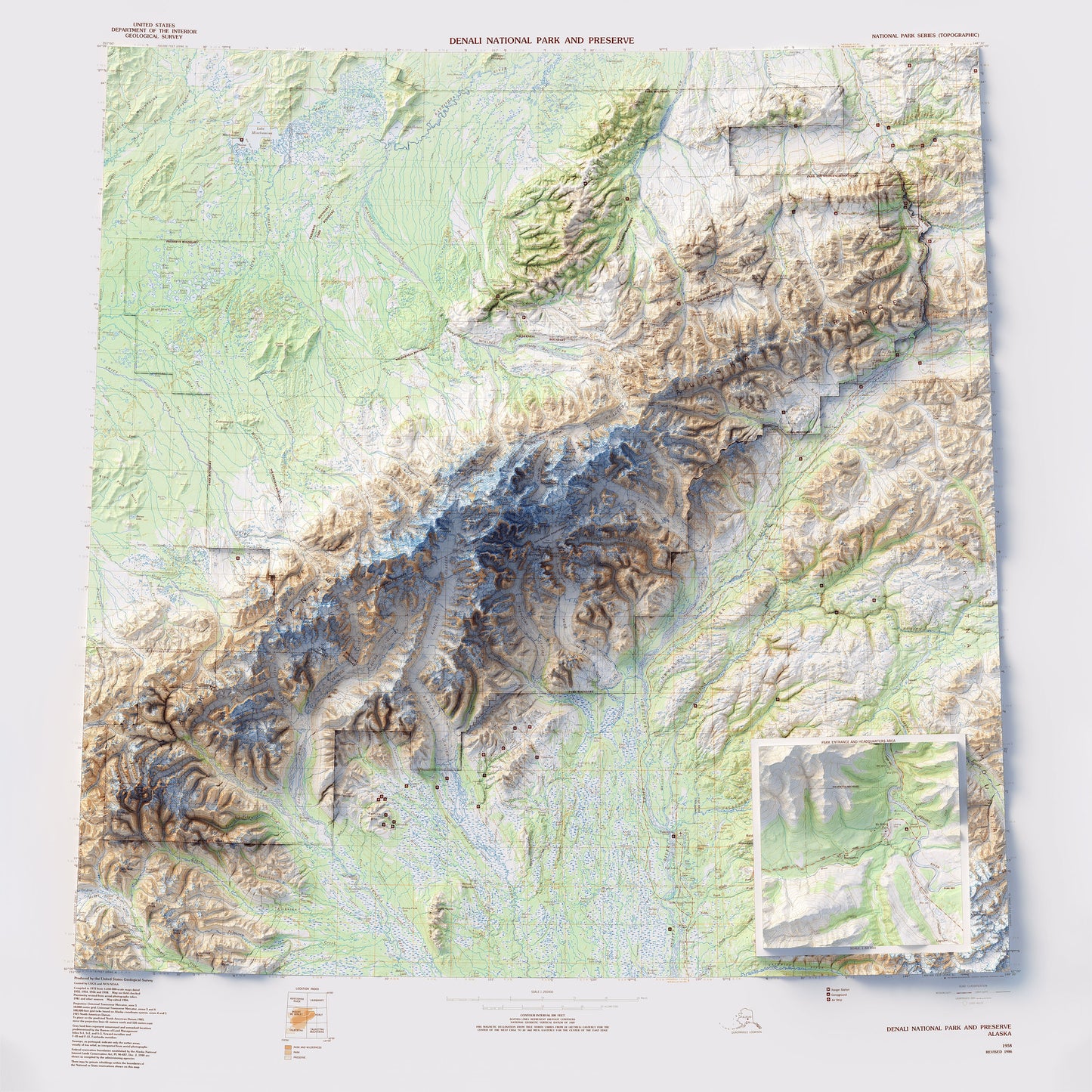 Denali National Park - Shaded Relief Map (1986)