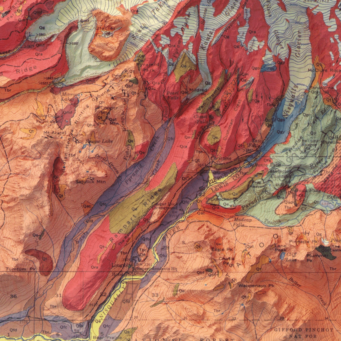 Mount Rainier National Park Geology - Shaded Relief Map (1969)