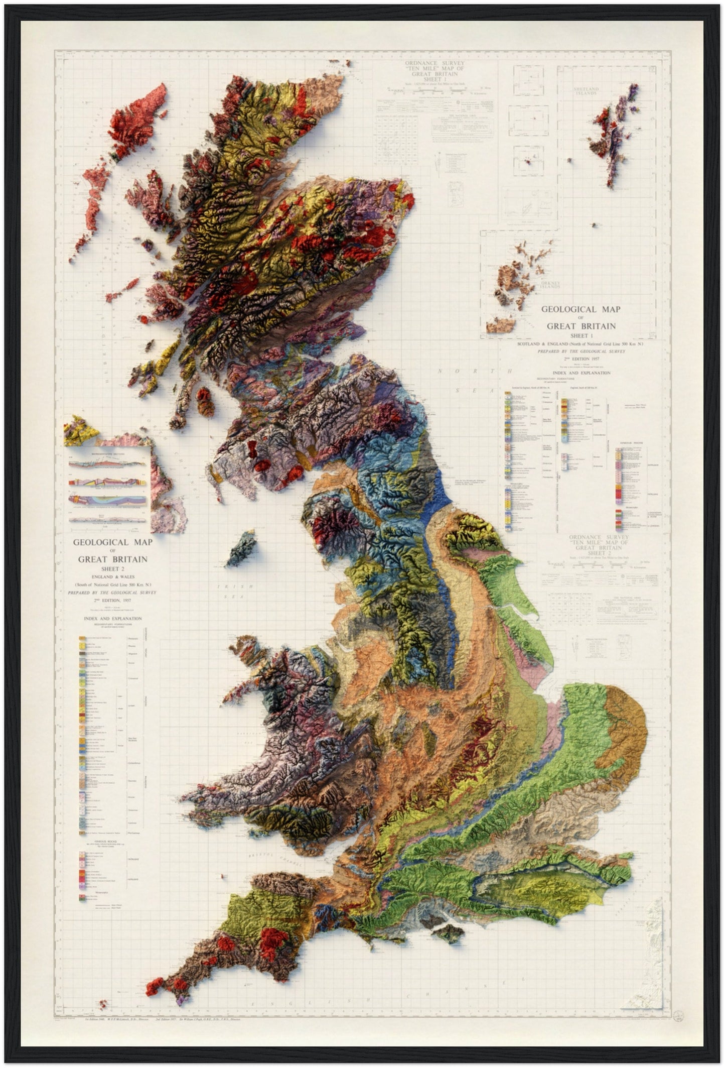 Great Britain Geology - Shaded Relief Map (1957)