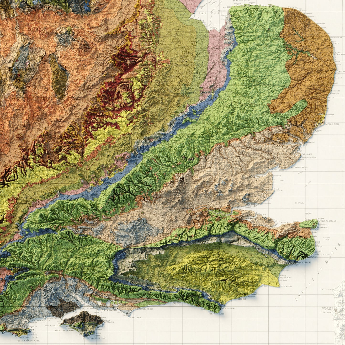 Great Britain Geology - Shaded Relief Map (1957)