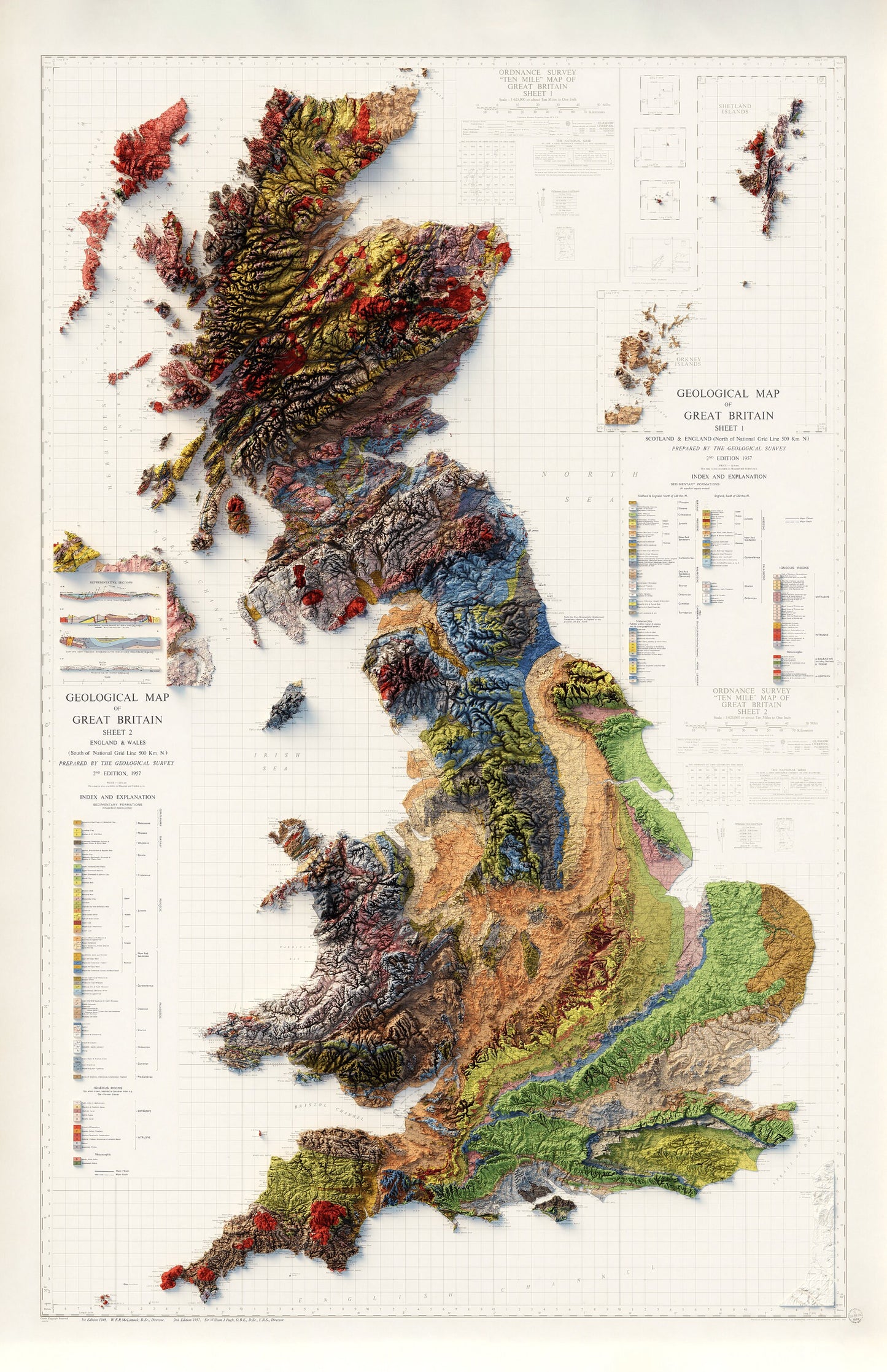 Great Britain Geology - Shaded Relief Map (1957)