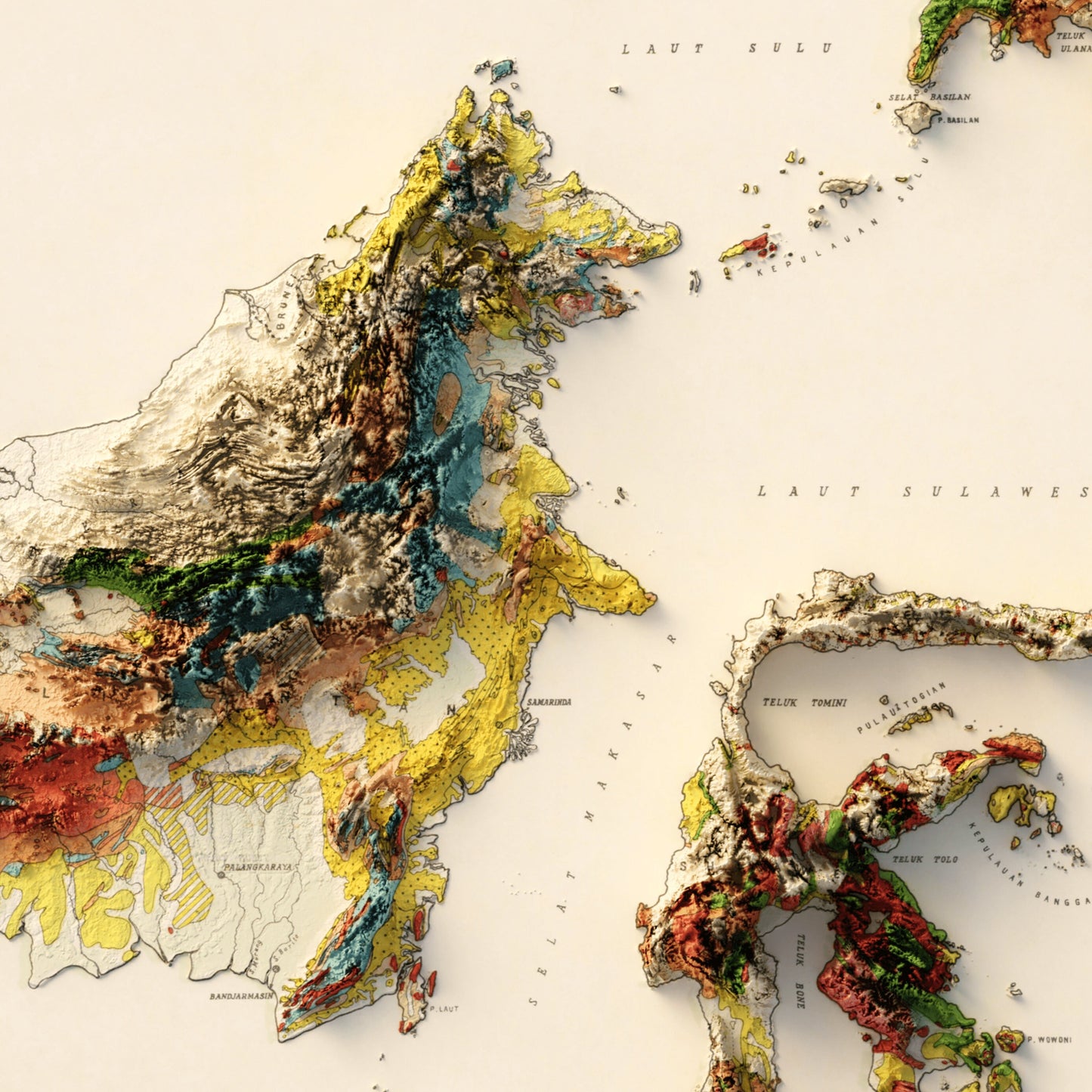 Indonesia Geology - Shaded Relief Map (1954)