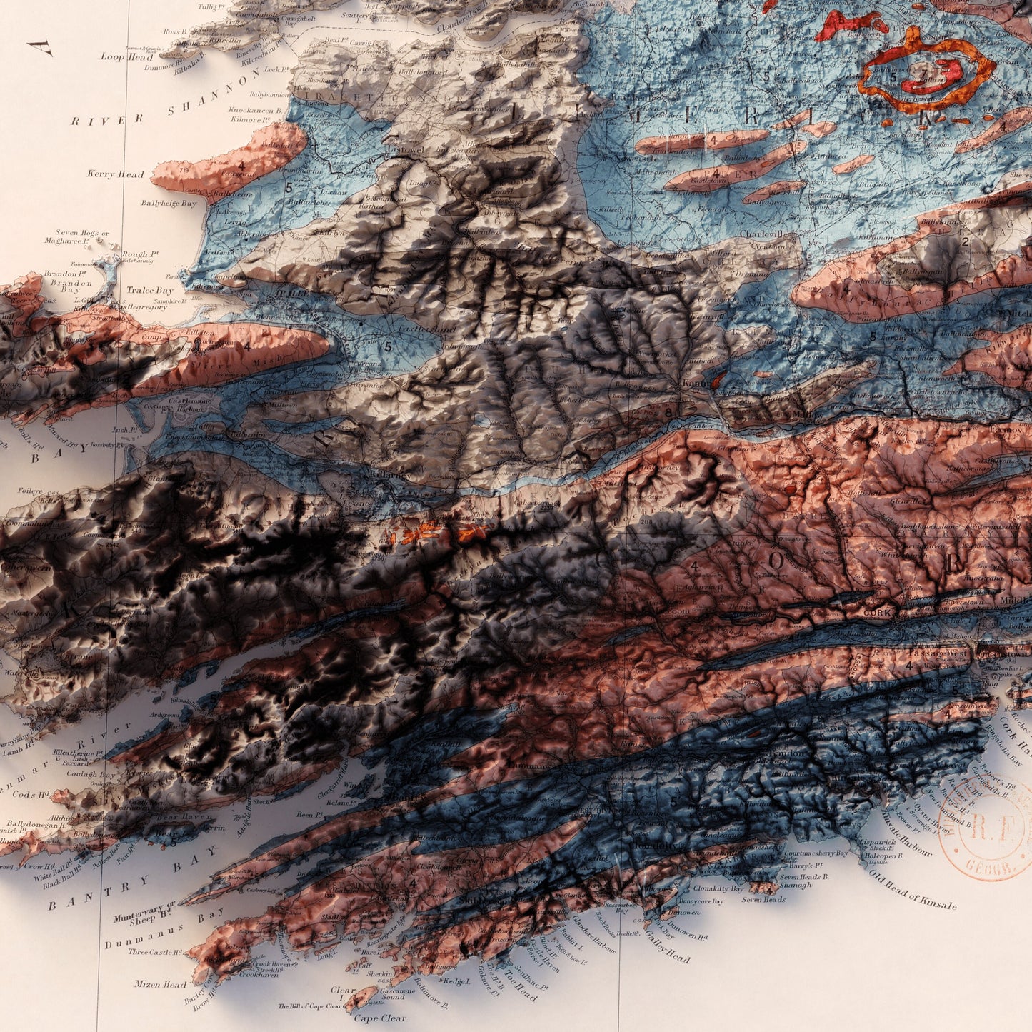 Ireland Geology - Shaded Relief Map (1878)