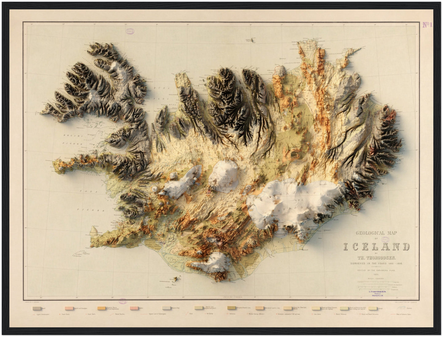 Iceland Geology - Shaded Relief Map (1901)