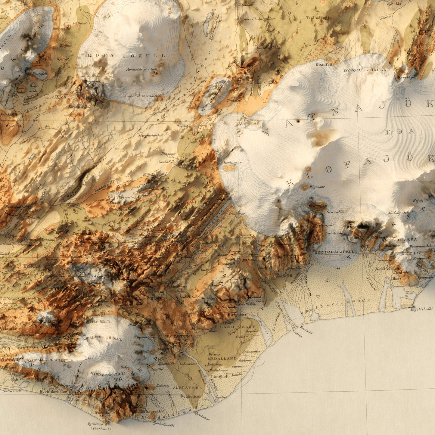 Iceland Geology - Shaded Relief Map (1901)