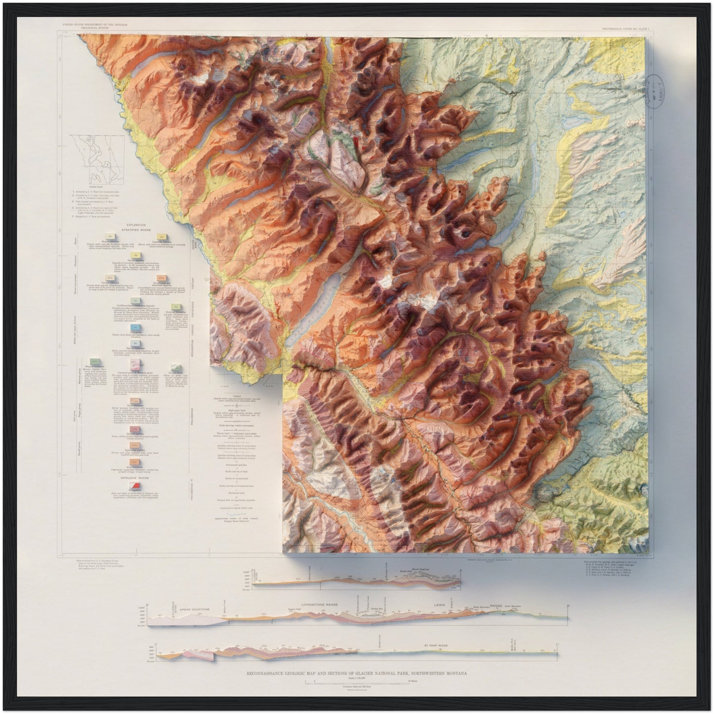 Glacier National Park Geology - Shaded Relief Map (1959)