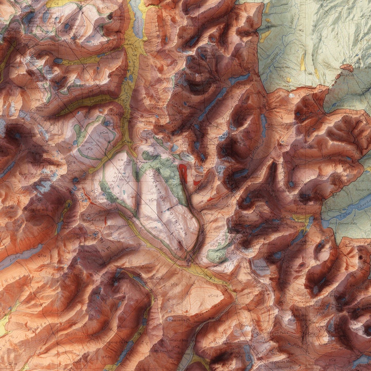 Glacier National Park Geology - Shaded Relief Map (1959)