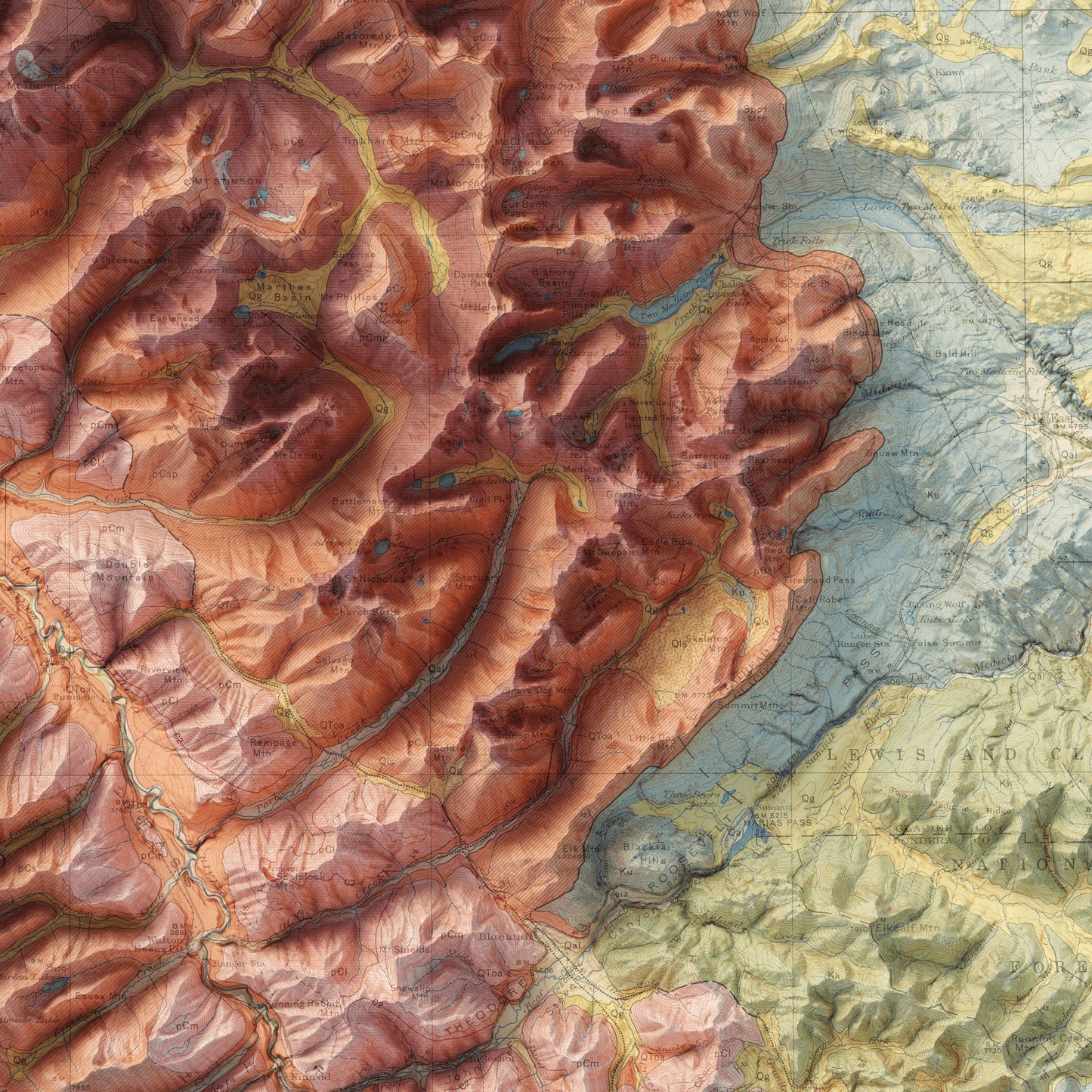 Glacier National Park Geology - Shaded Relief Map (1959)