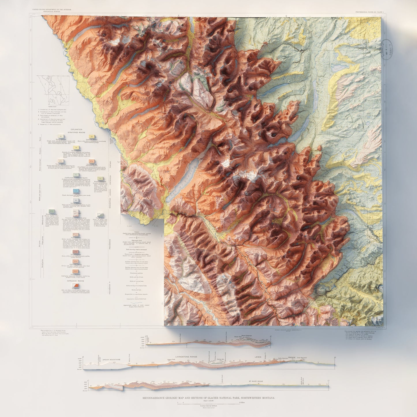 Glacier National Park Geology - Shaded Relief Map (1959)