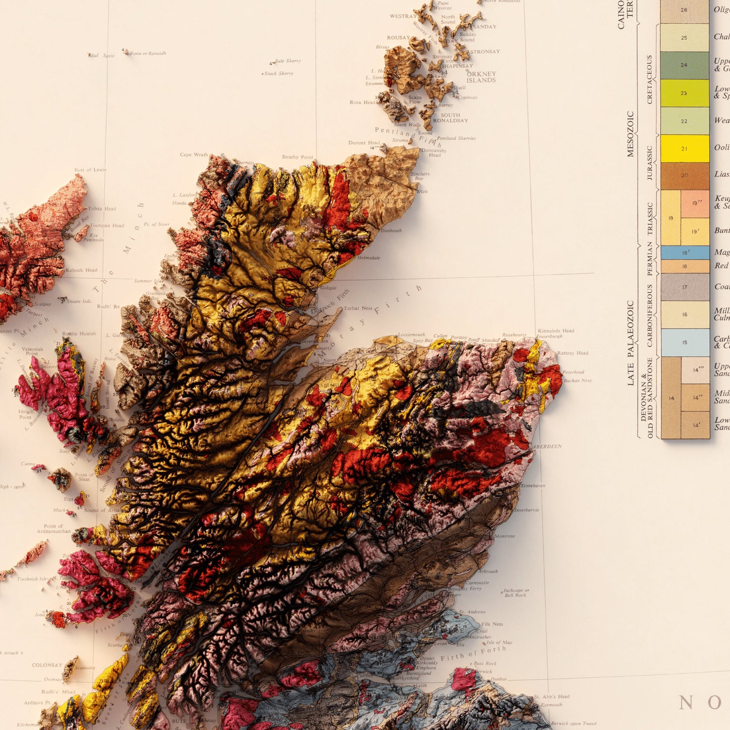 The United Kingdom & Ireland Geology - Shaded Relief Map (1957)