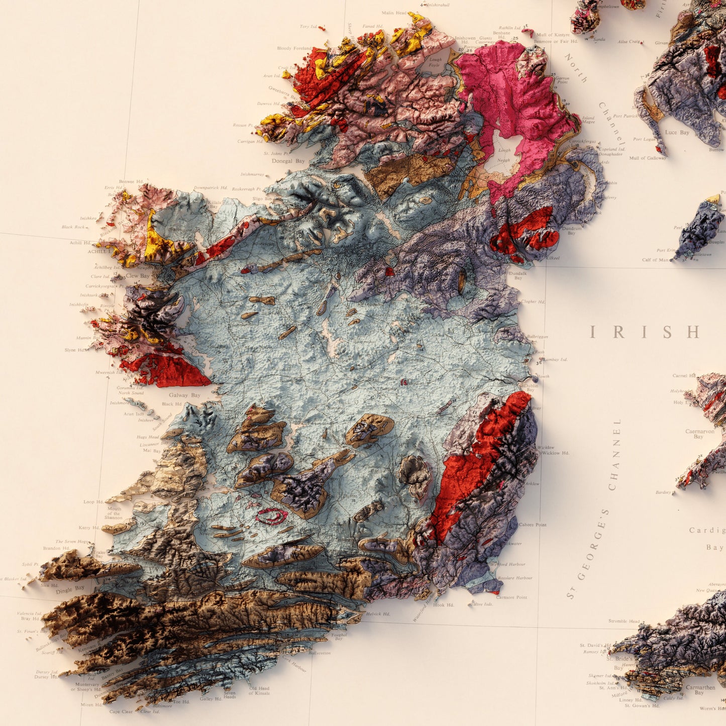 The United Kingdom & Ireland Geology - Shaded Relief Map (1957)