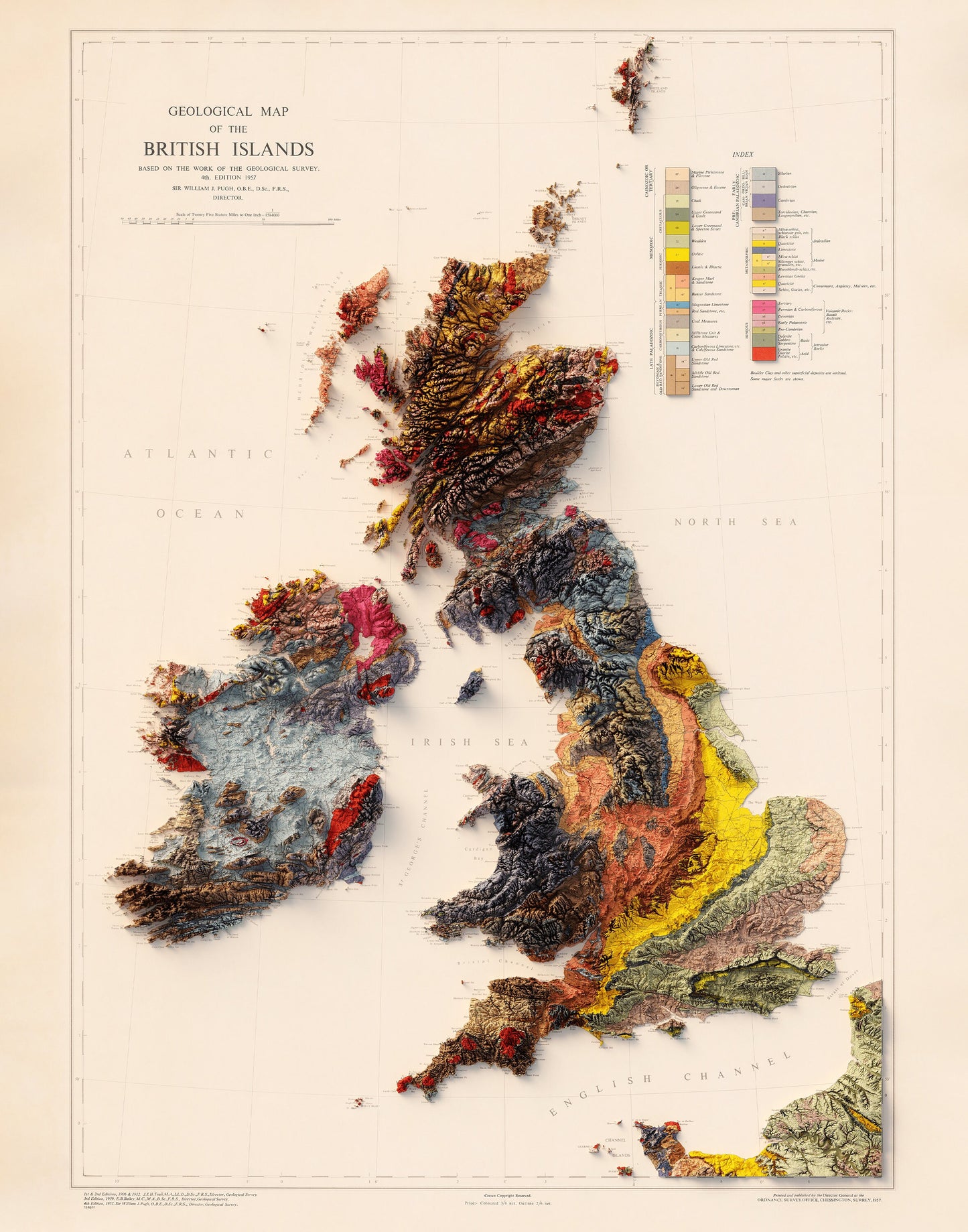 The United Kingdom & Ireland Geology - Shaded Relief Map (1957)