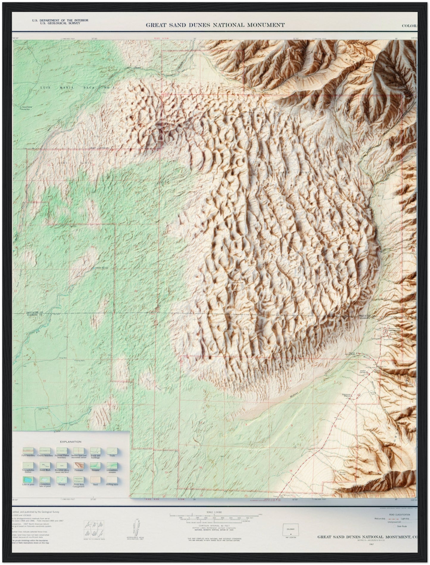 Great Sand Dunes National Monument - Shaded Relief Map (1967)