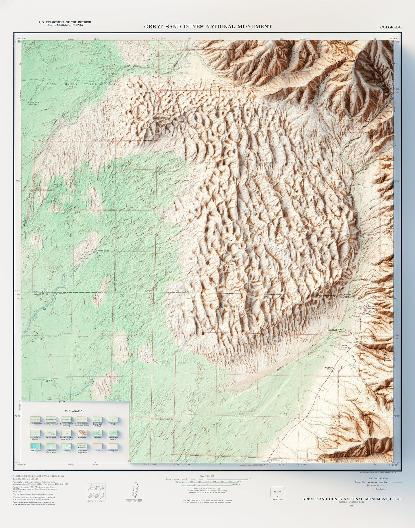 Great Sand Dunes National Monument - Shaded Relief Map (1967)