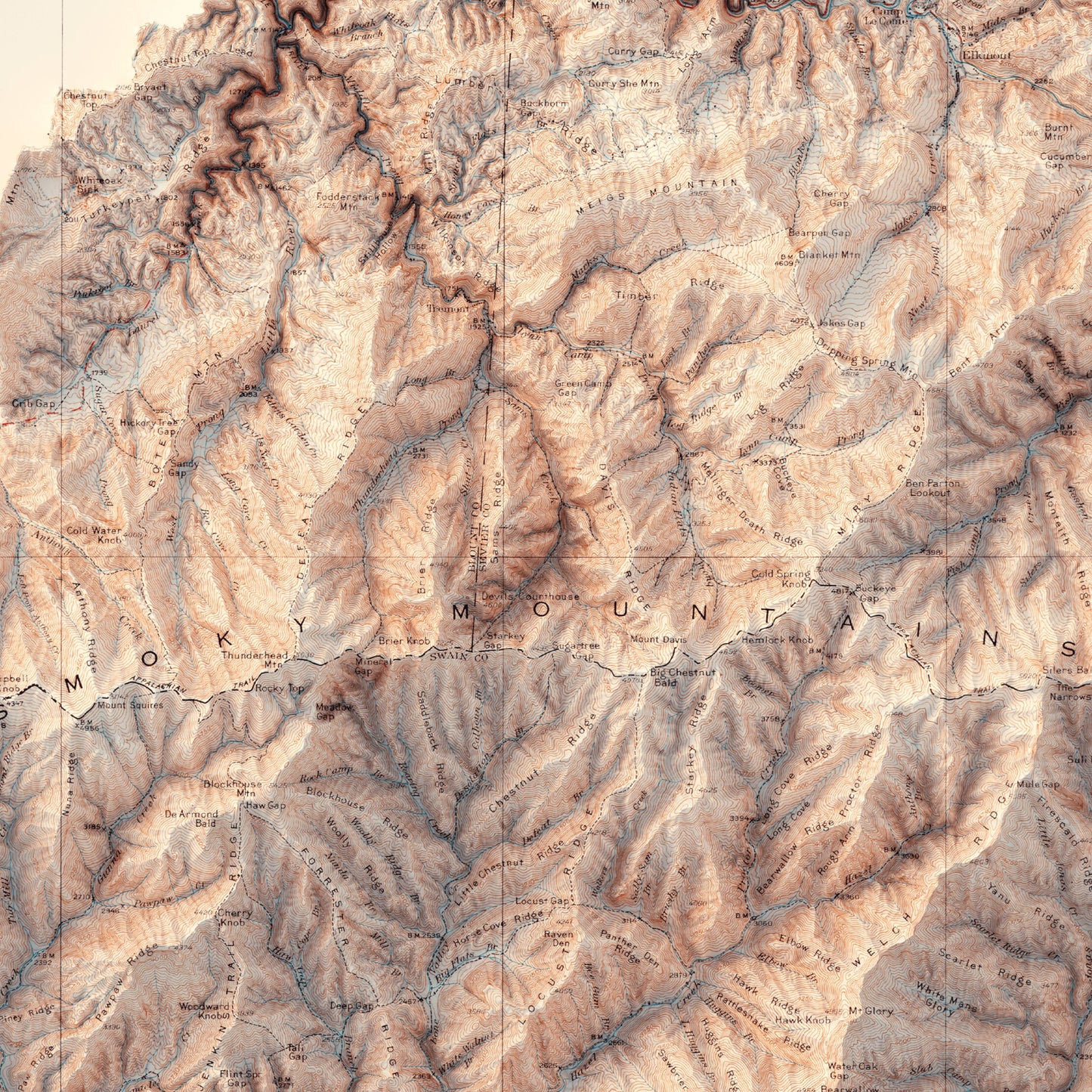 The Great Smoky Mountains National Park - Shaded Relief Map (1912)