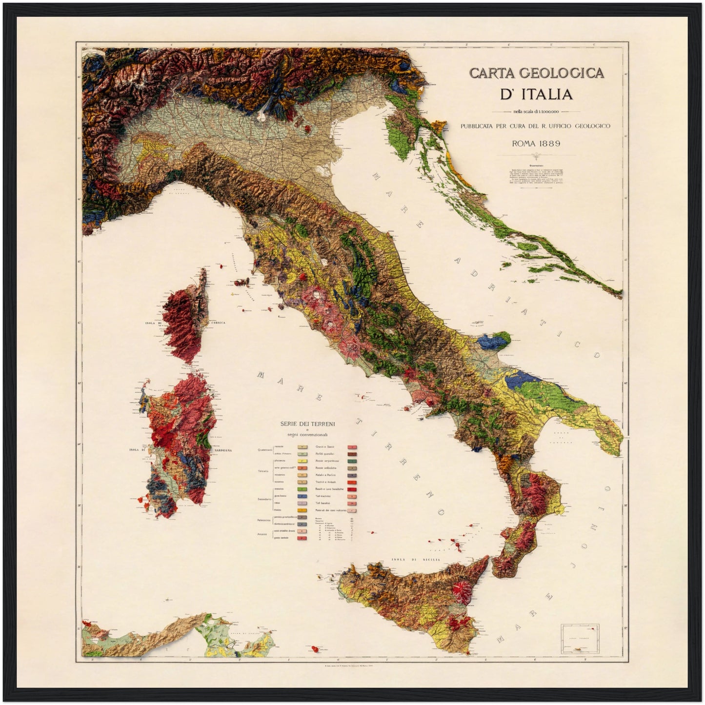 Italy Geology - Shaded Relief Map (1889)