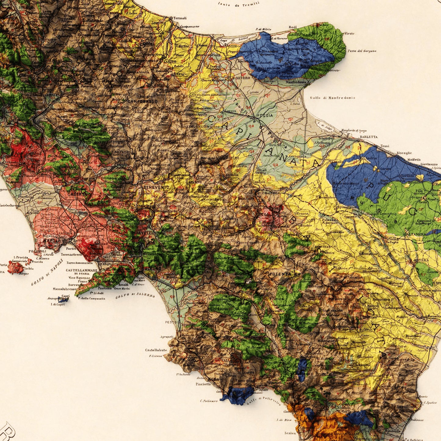 Italy Geology - Shaded Relief Map (1889)