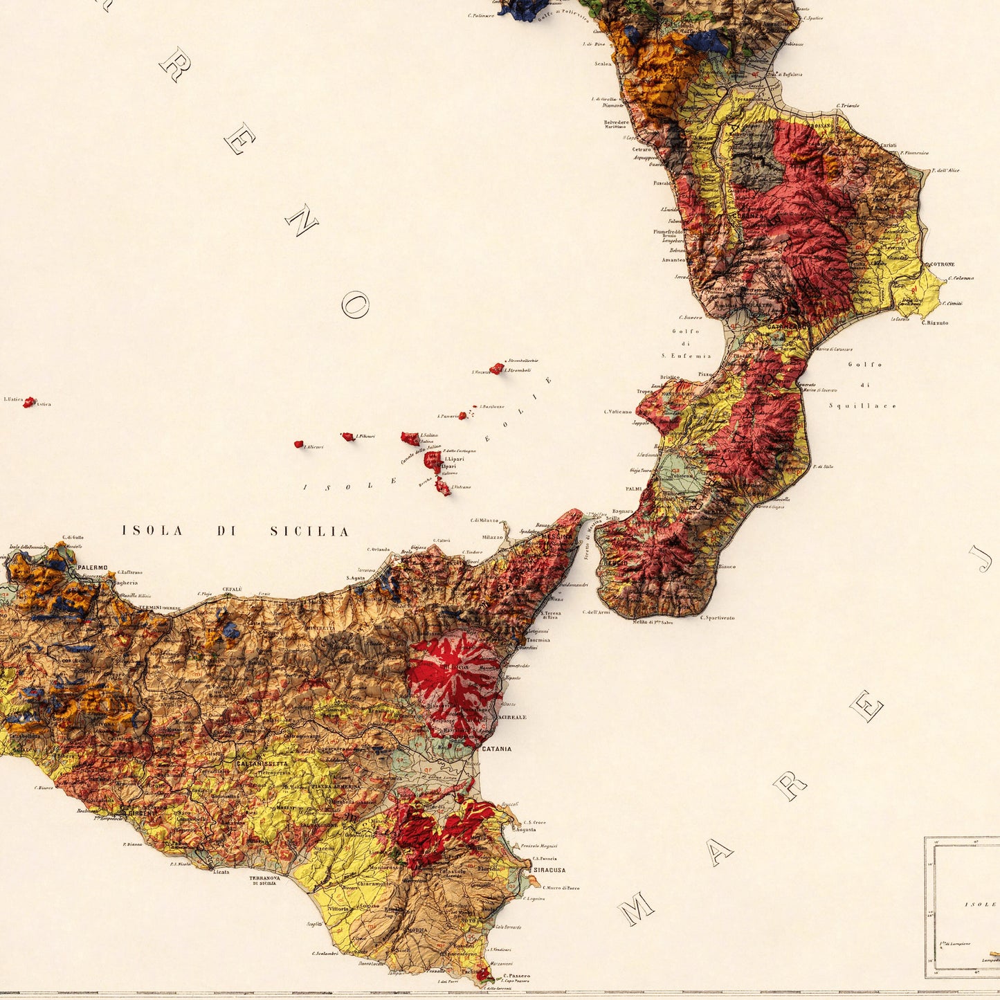 Italy Geology - Shaded Relief Map (1889)