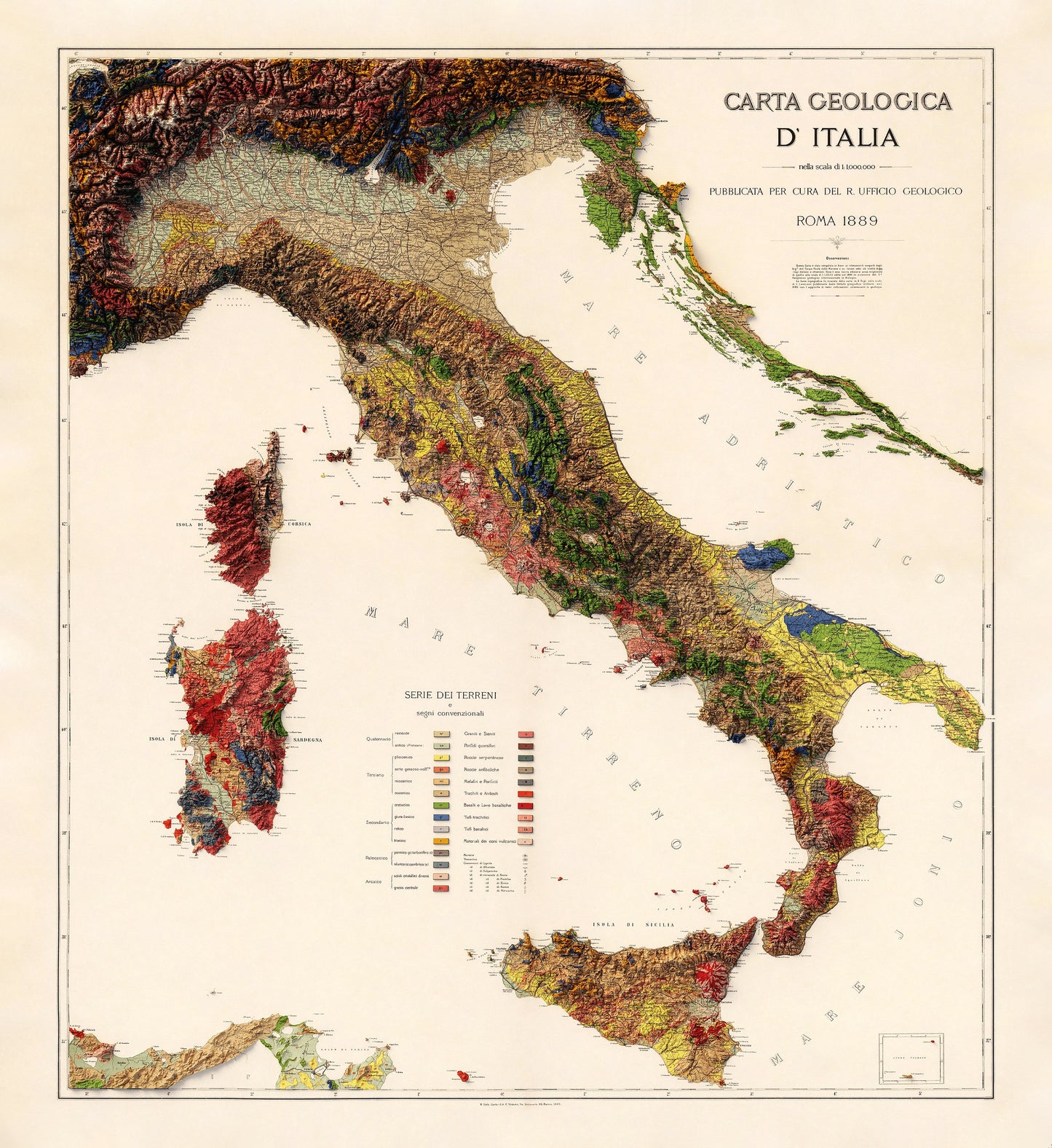 Italy Geology - Shaded Relief Map (1889)