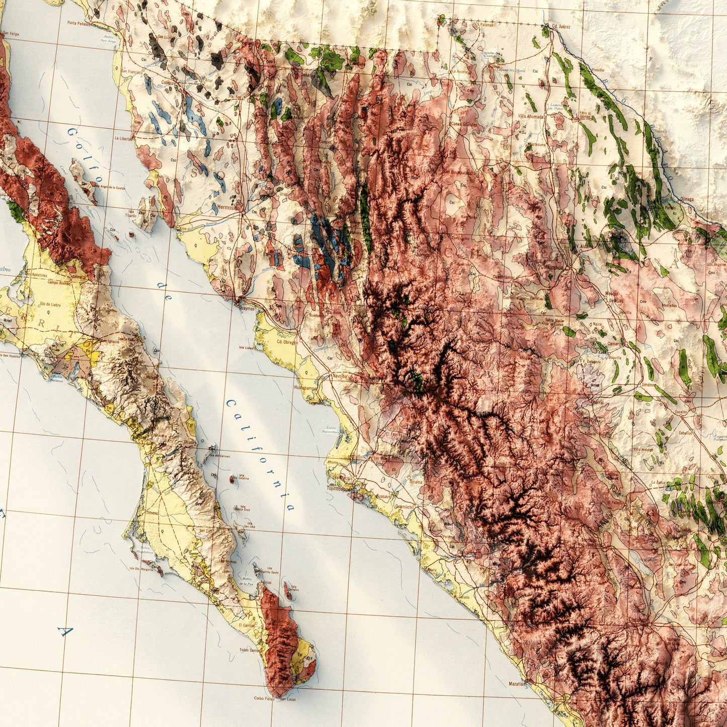 Mexico Geology - Shaded Relief Map (1956)