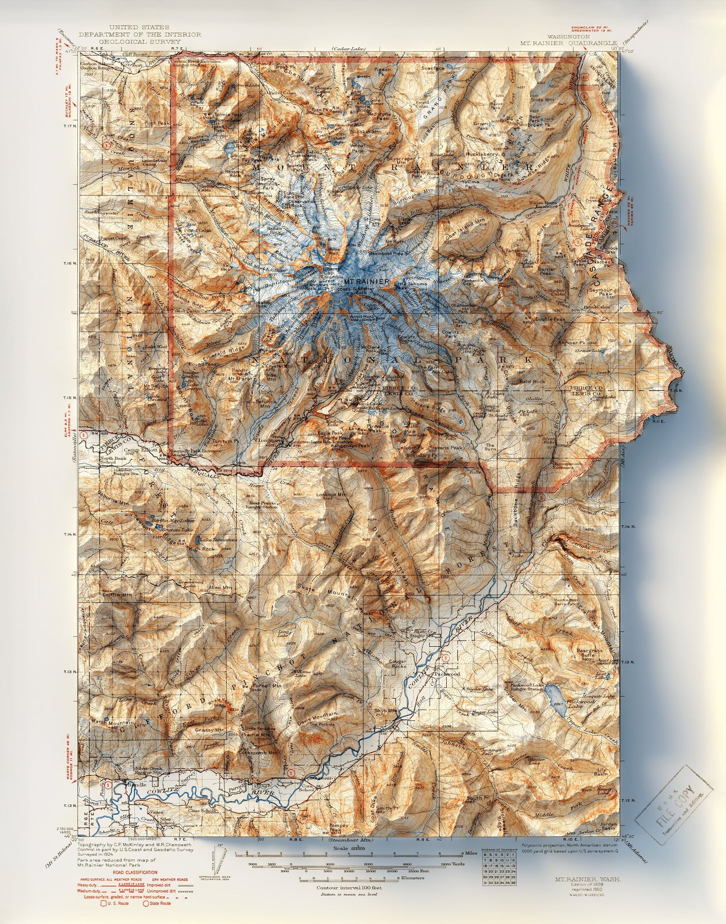 Mount Rainier Topography - Shaded Relief Map (1928)