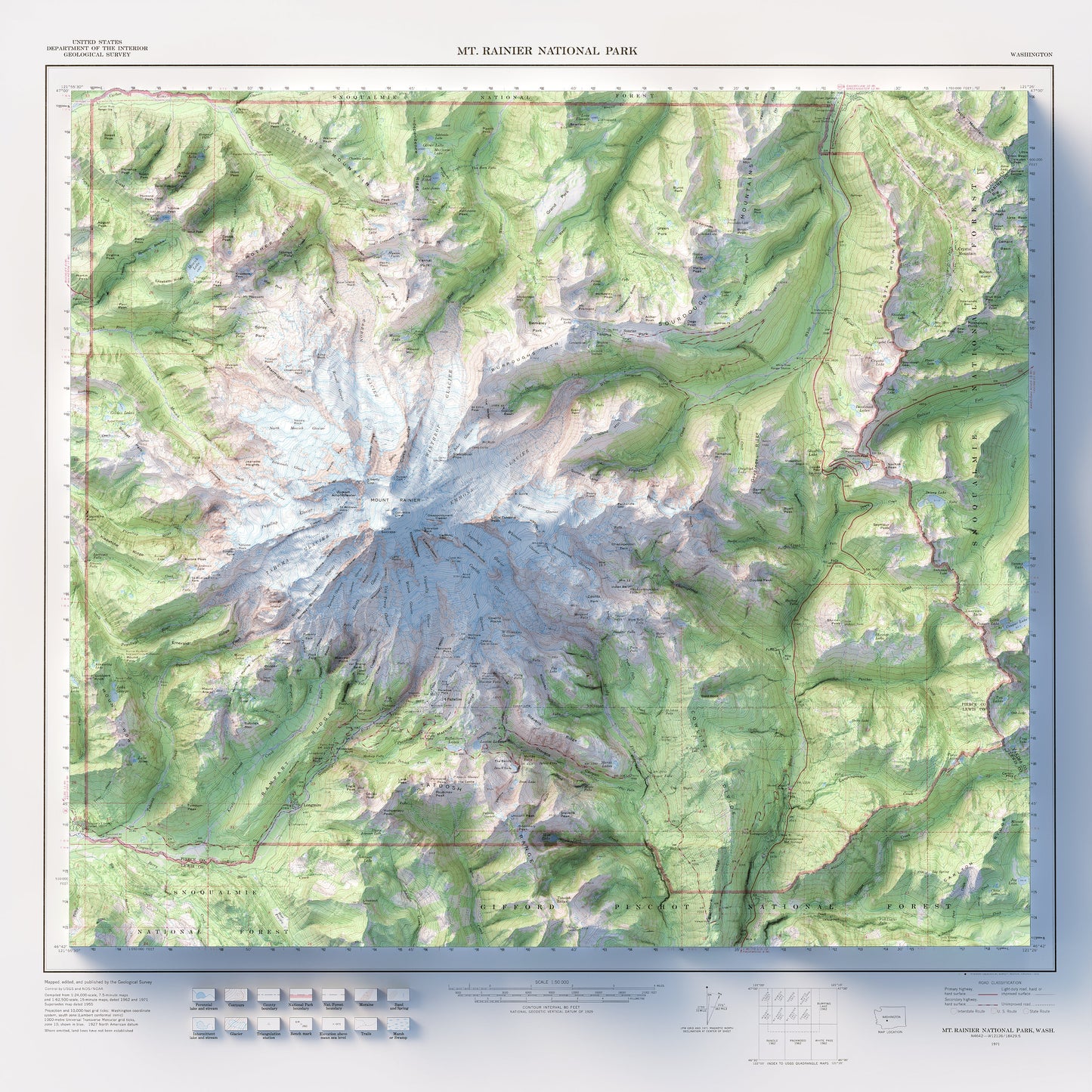 Mount Rainier National Park - Shaded Relief Map (1971)