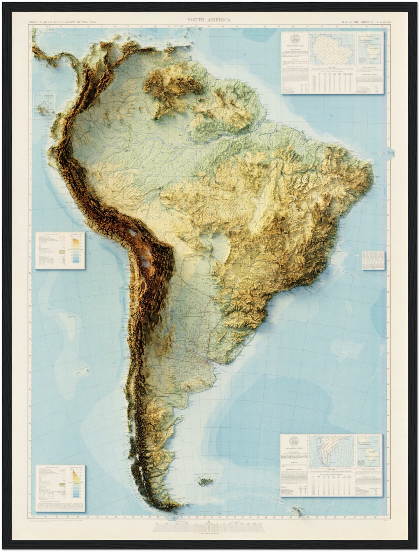 South America Topography - Shaded Relief Map (1942)