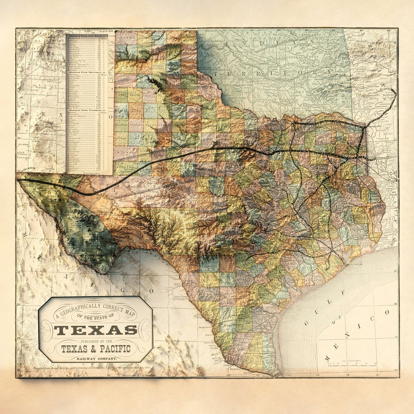 Texas Topography - Shaded Relief Map (1876)