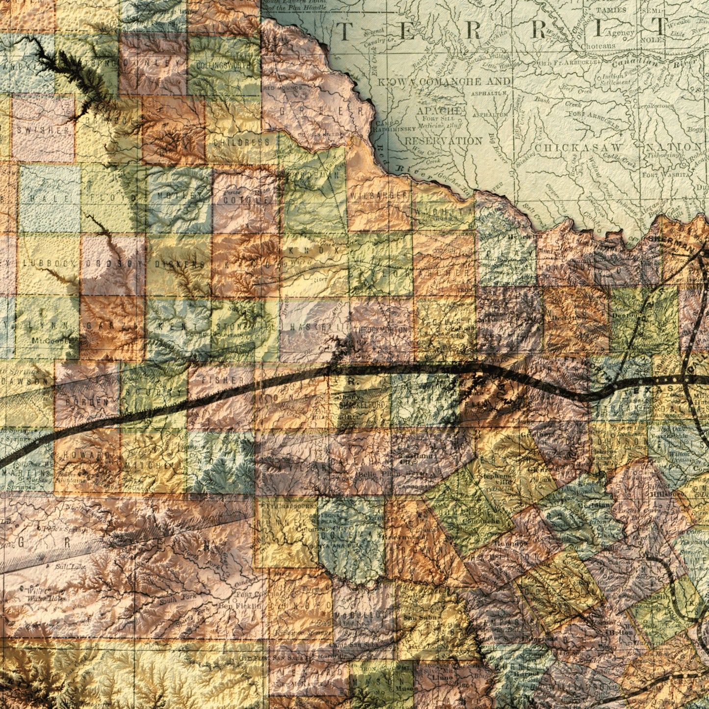 Texas Topography - Shaded Relief Map (1876)