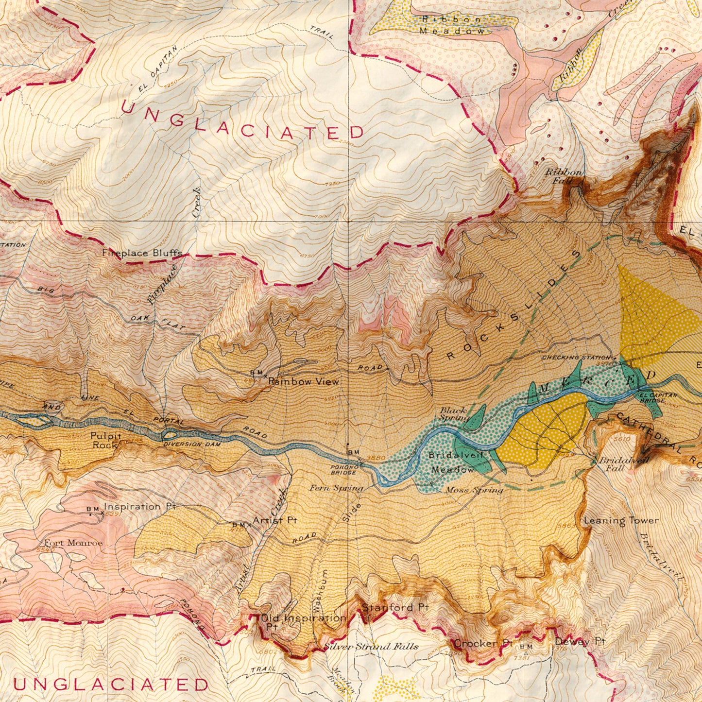 Yosemite Valley Glacial Map - Shaded Relief (1930)