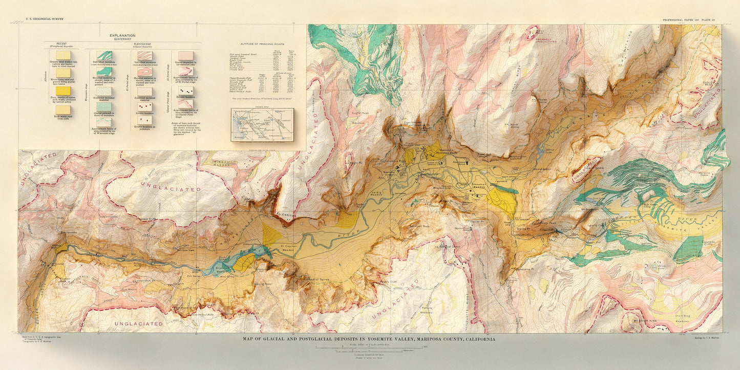 Yosemite Valley Glacial Map - Shaded Relief (1930)