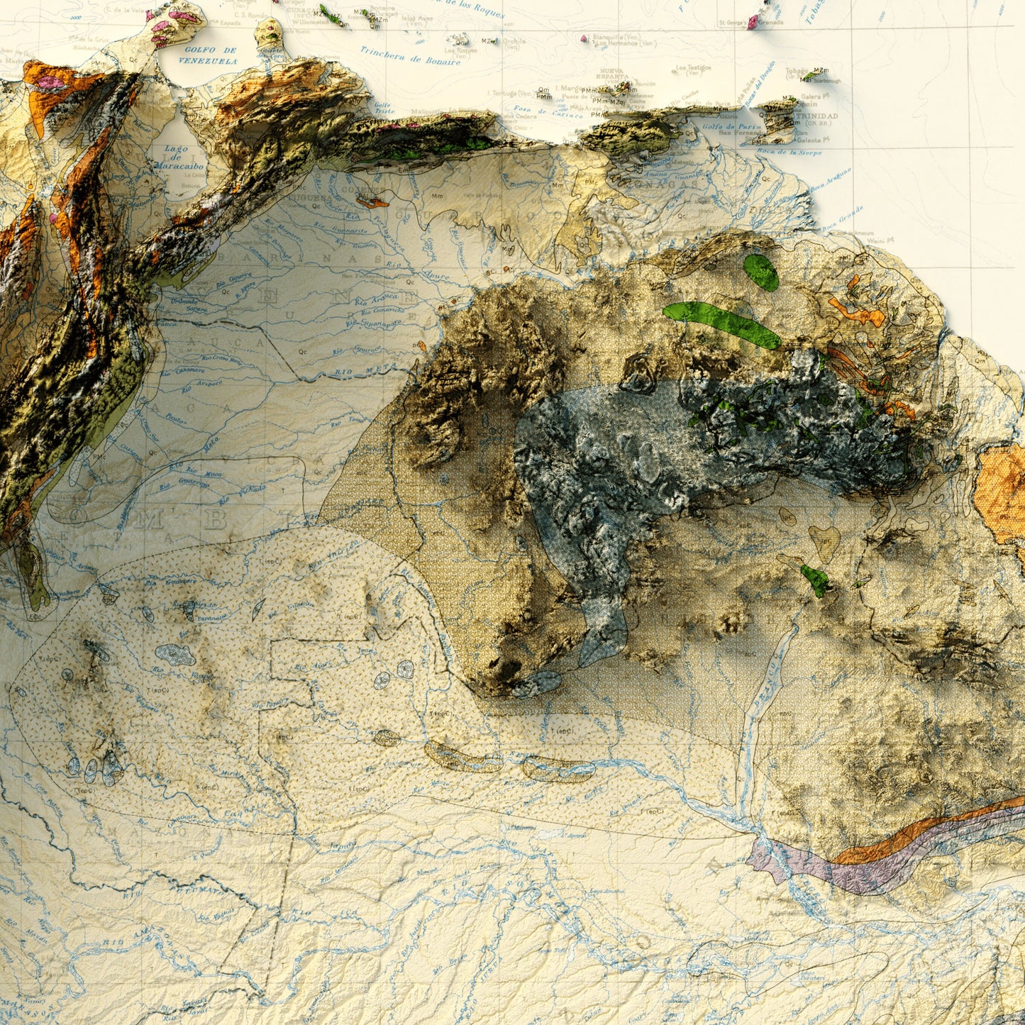 South America Geology - Shaded Relief Map (1950)