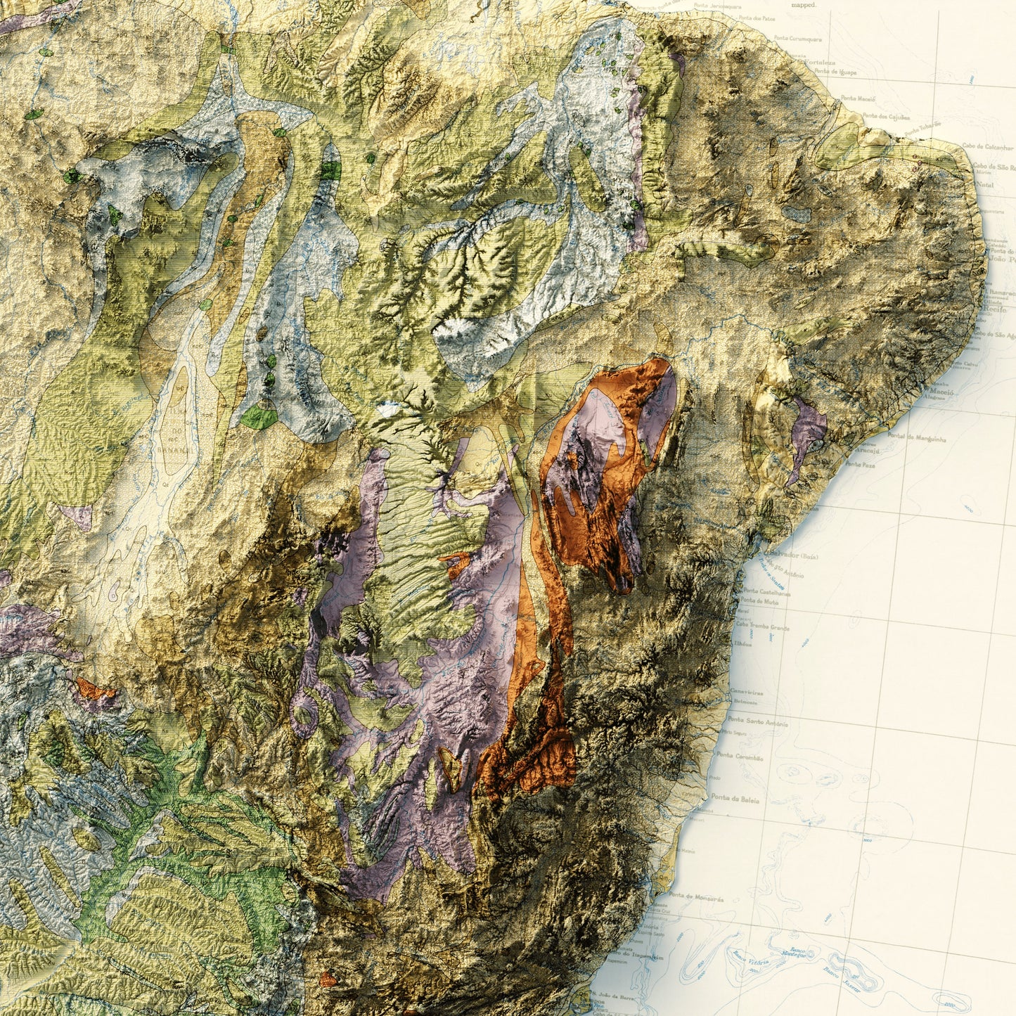 South America Geology - Shaded Relief Map (1950)