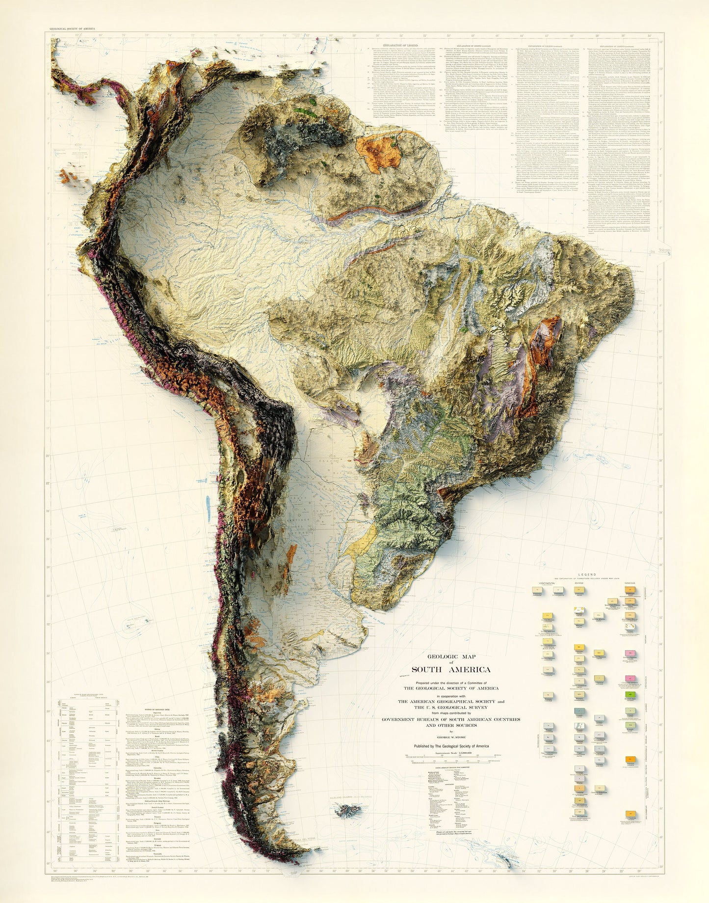 South America Geology - Shaded Relief Map (1950)