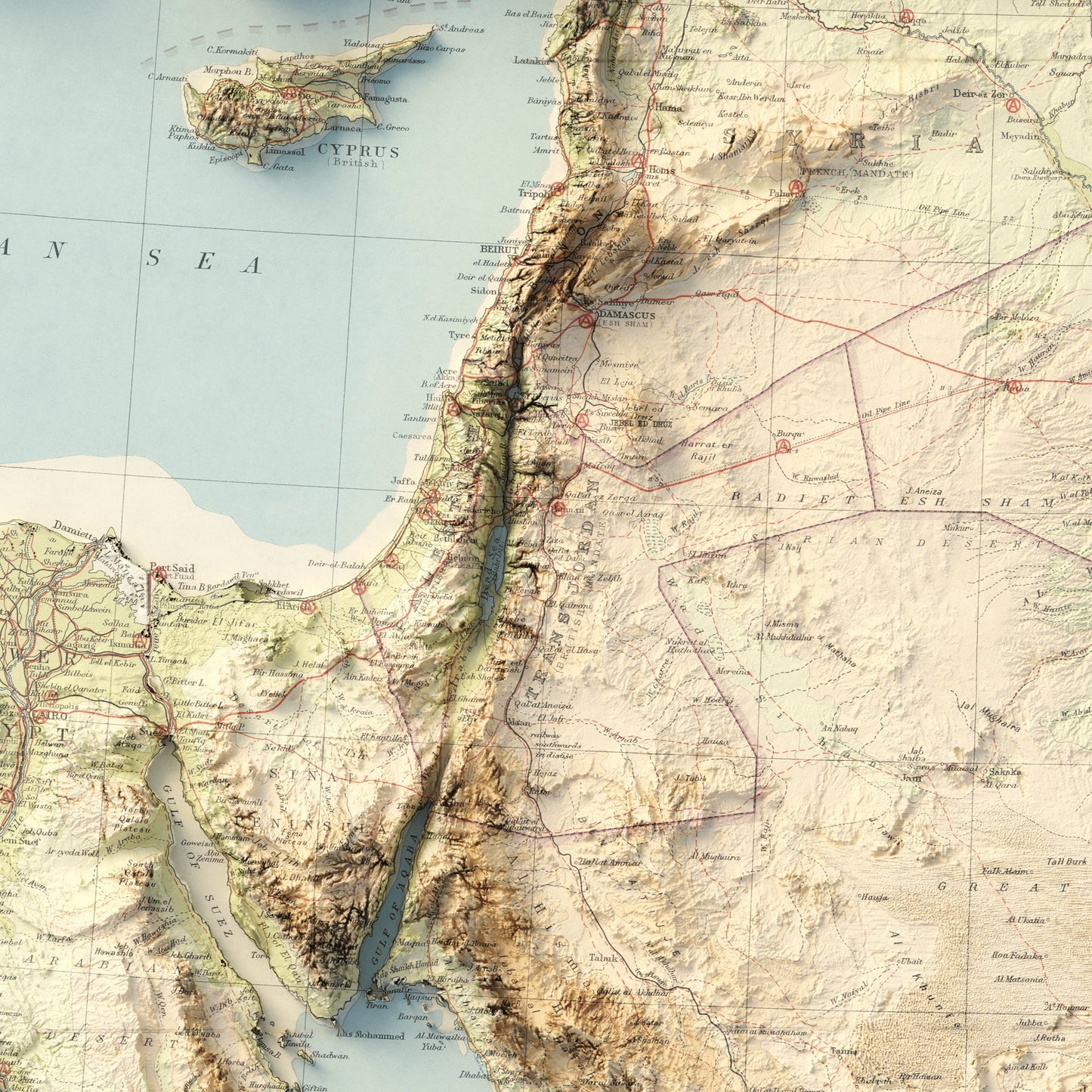 Middle East Topography - Shaded Relief Map (1962)