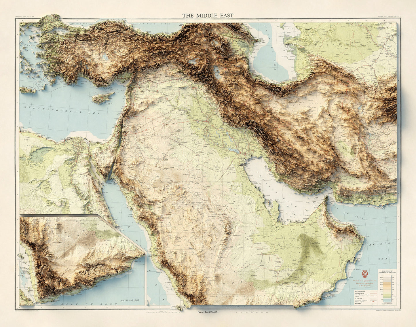 Middle East Topography - Shaded Relief Map (1962)